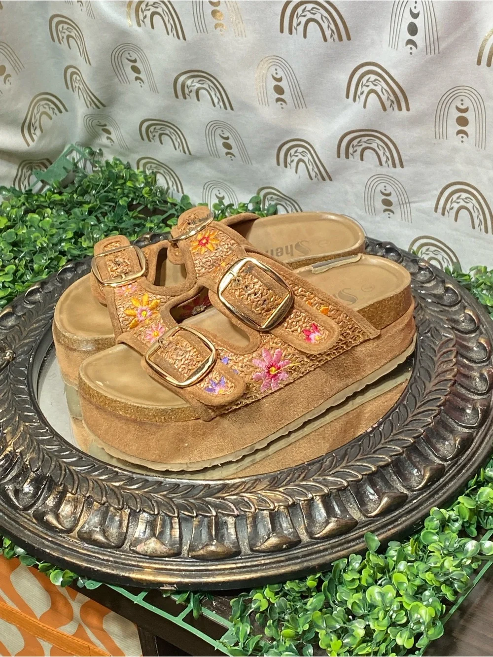 Embroidered Tan Suede Platform Slide Sandals with Buckles